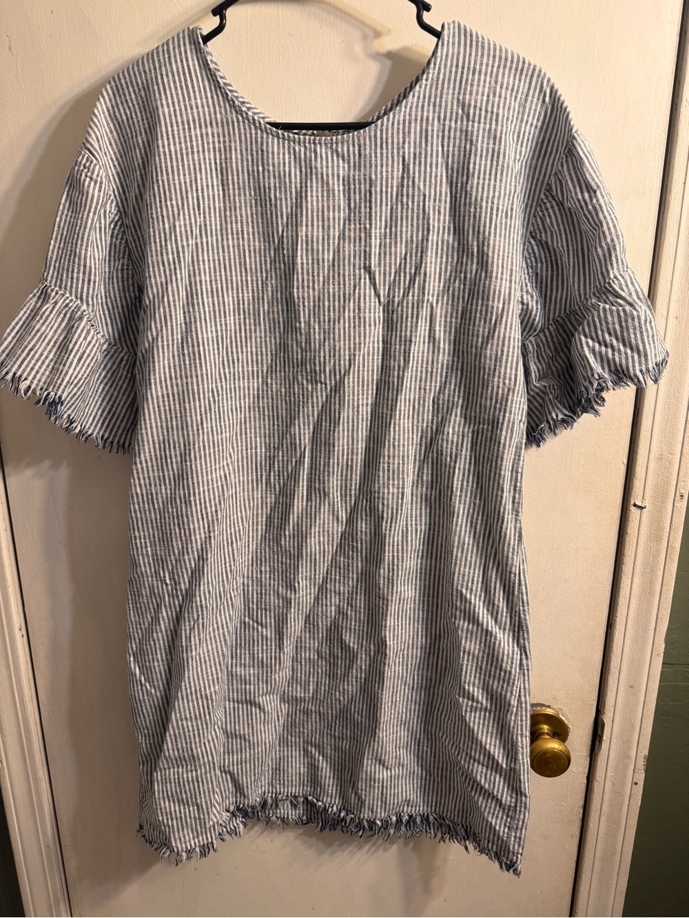True Craft Blue White Pinstripe Ruffle Sleeve Frayed Hem Tunic Dress M